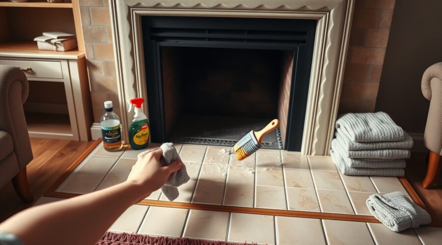 Hands cleaning grout on tiled living room fireplace hearth with brush and microfiber cloth