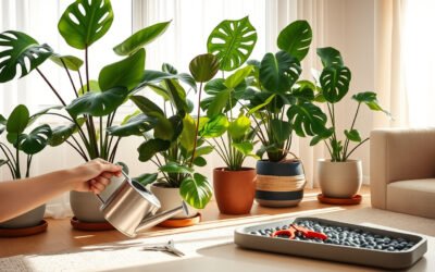 Hands checking soil moisture among healthy indoor plants in a sunlit living room