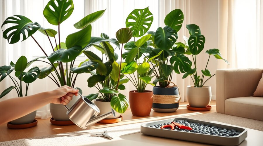 Hands checking soil moisture among healthy indoor plants in a sunlit living room