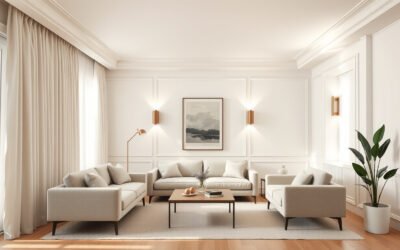 Airy low-ceiling living room with tall curtains, low furniture, vertical details, and soft natural light