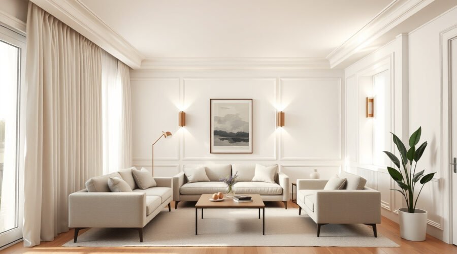 Airy low-ceiling living room with tall curtains, low furniture, vertical details, and soft natural light