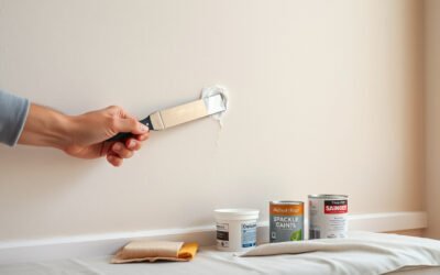 Hand smoothing spackle over a small nail hole on a living room wall.