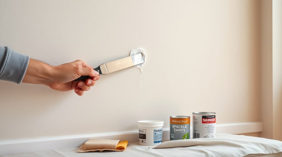 Hand smoothing spackle over a small nail hole on a living room wall.