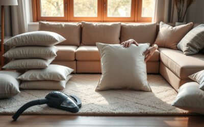 Hands re-fluffing a sofa cushion in a bright living room with cushions removed and a vacuum nearby
