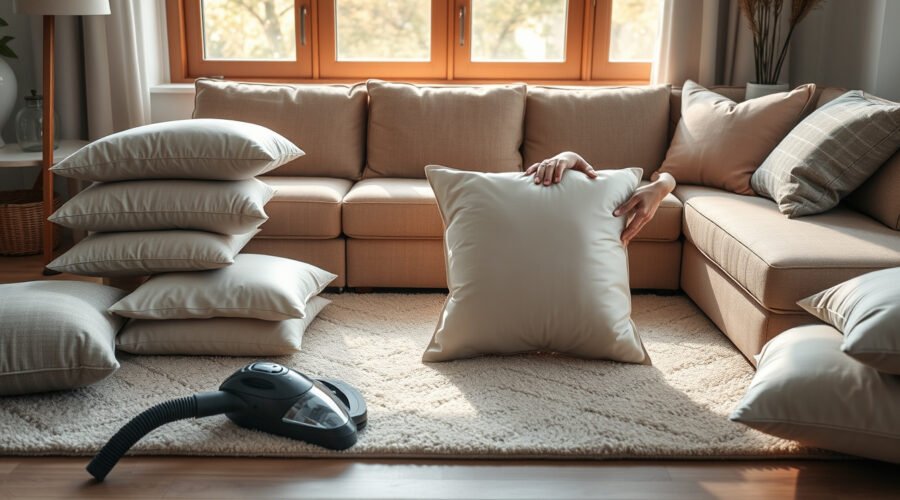 Hands re-fluffing a sofa cushion in a bright living room with cushions removed and a vacuum nearby