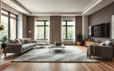 Living room with rug, curtains, soft furniture, bookshelves, plants, and acoustic panels to reduce echo