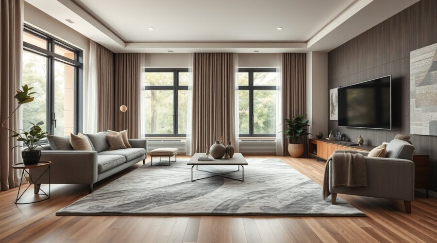 Living room with rug, curtains, soft furniture, bookshelves, plants, and acoustic panels to reduce echo