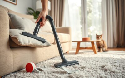 Living room sofa and rug being cleaned with pet hair removal tools