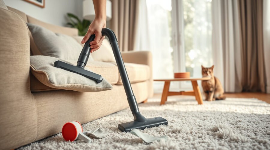 Living room sofa and rug being cleaned with pet hair removal tools
