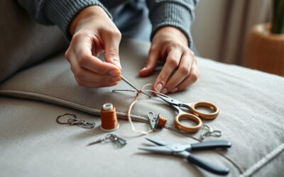 Close-up of a torn sofa seam being repaired with a curved upholstery needle and matching thread