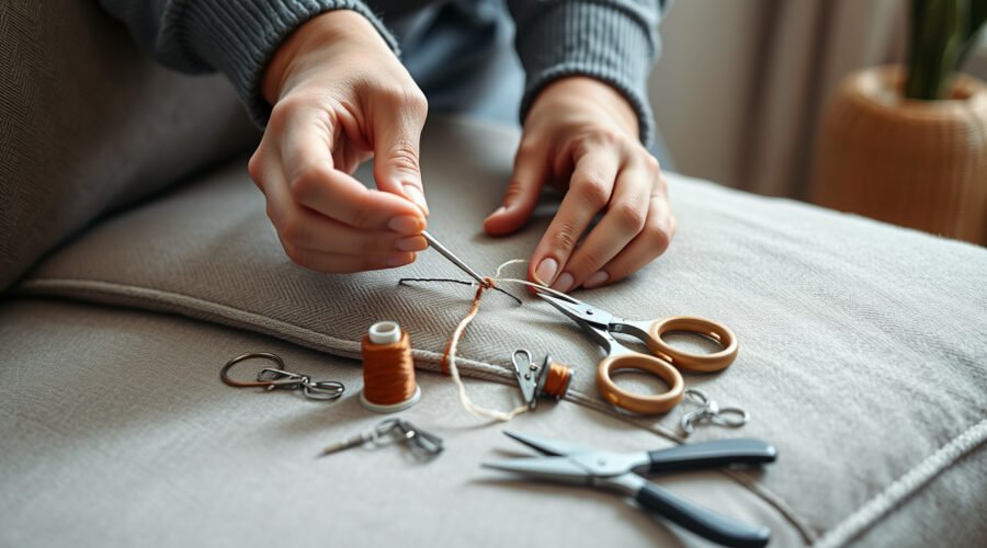 Close-up of a torn sofa seam being repaired with a curved upholstery needle and matching thread