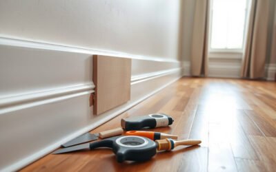 Close-up of a white living room baseboard being repaired with a fitted patch and DIY tools nearby