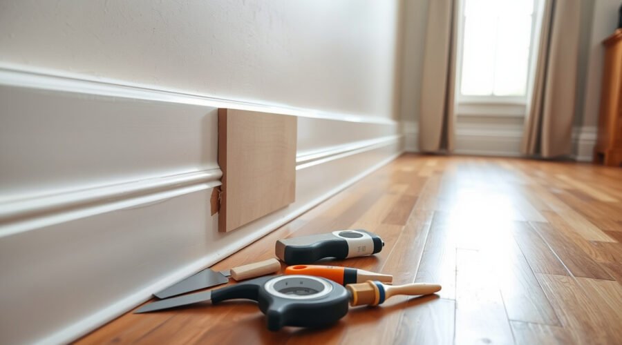 Close-up of a white living room baseboard being repaired with a fitted patch and DIY tools nearby