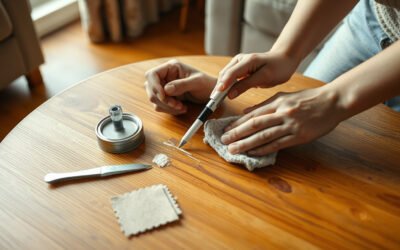 Hands repairing a scratch on a wooden coffee table in a living room