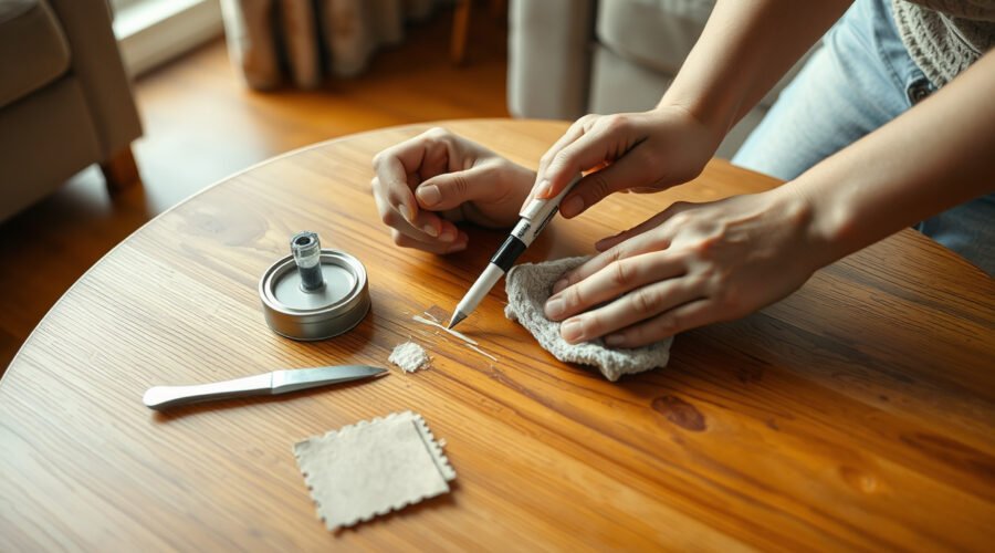 Hands repairing a scratch on a wooden coffee table in a living room