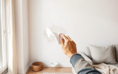 Hands spot cleaning a scuff on a painted living room wall with a microfiber cloth