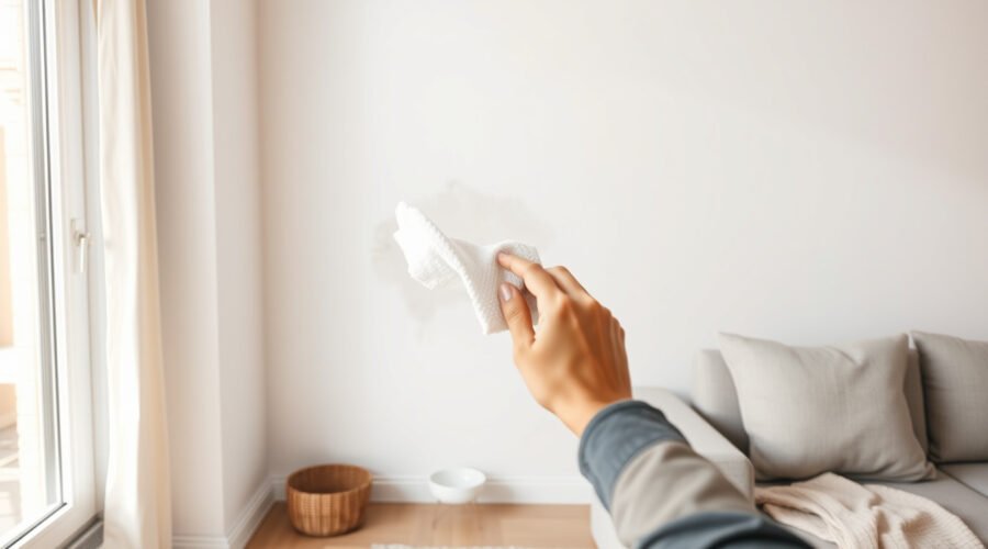 Hands spot cleaning a scuff on a painted living room wall with a microfiber cloth