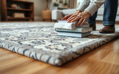 Hands flatten a curled area rug corner with a towel and weights on a hardwood living room floor