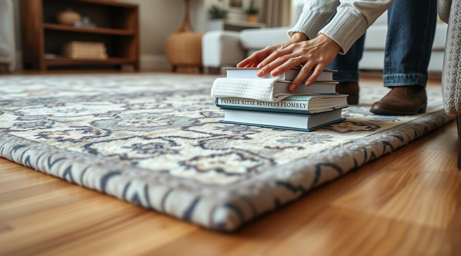 Hands flatten a curled area rug corner with a towel and weights on a hardwood living room floor