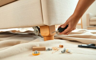 Close-up of tightening hardware on an upside-down sofa leg in a bright living room