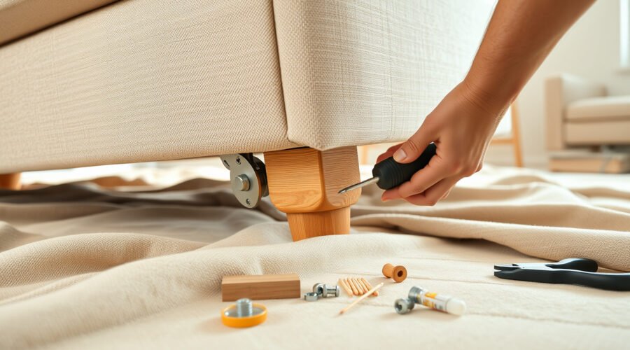 Close-up of tightening hardware on an upside-down sofa leg in a bright living room