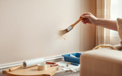 Hands touching up beige paint on a living room wall with DIY tools nearby