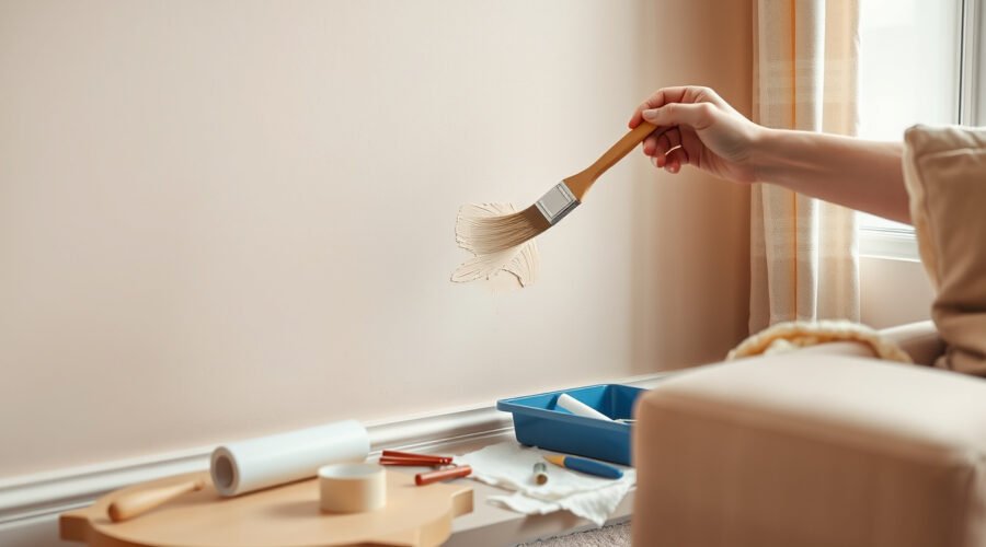 Hands touching up beige paint on a living room wall with DIY tools nearby