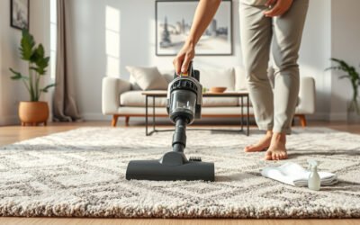 Person gently vacuuming a patterned area rug in a sunlit living room with cleaning cloth nearby