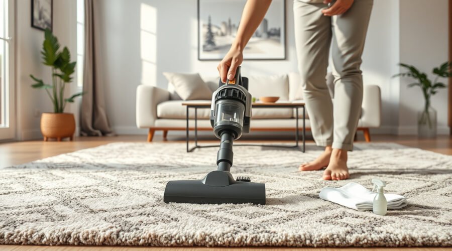 Person gently vacuuming a patterned area rug in a sunlit living room with cleaning cloth nearby