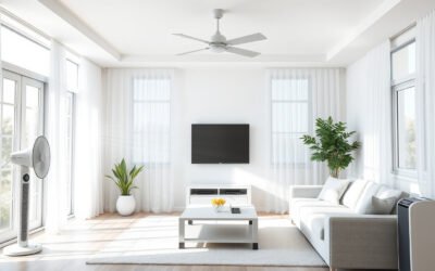 Bright living room with open windows, fans, clear vents, and an air purifier improving airflow