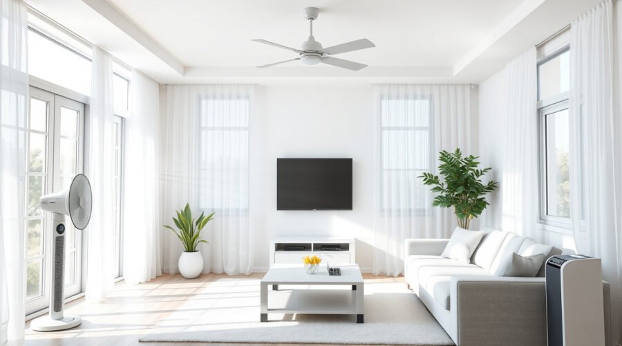 Bright living room with open windows, fans, clear vents, and an air purifier improving airflow