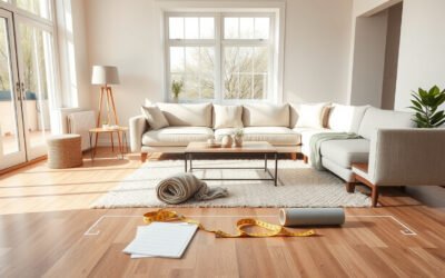 Living room layout planning with sofa, rug, lamp, tape measure, and painter’s tape on the floor