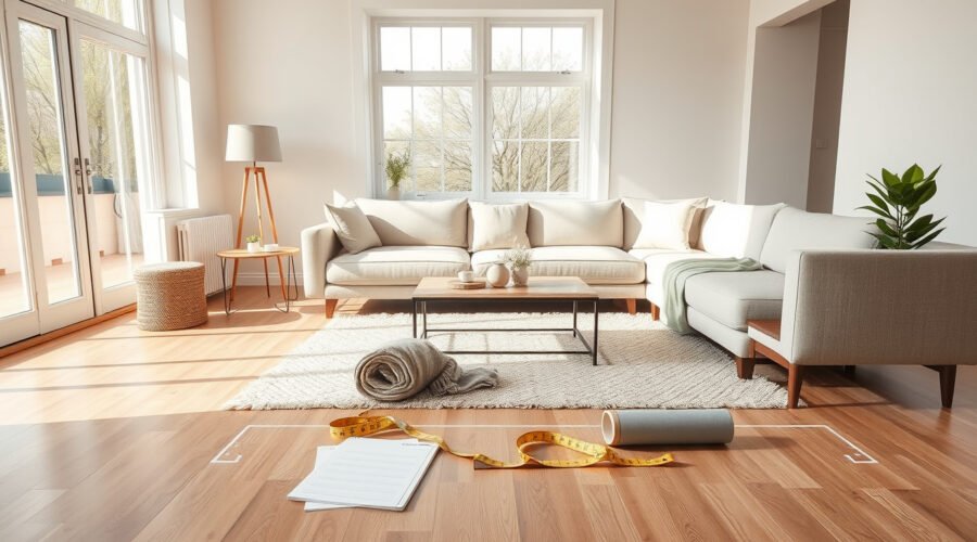 Living room layout planning with sofa, rug, lamp, tape measure, and painter’s tape on the floor