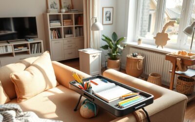 Cozy living room corner with lap desk, homework supplies, storage cart, and natural light