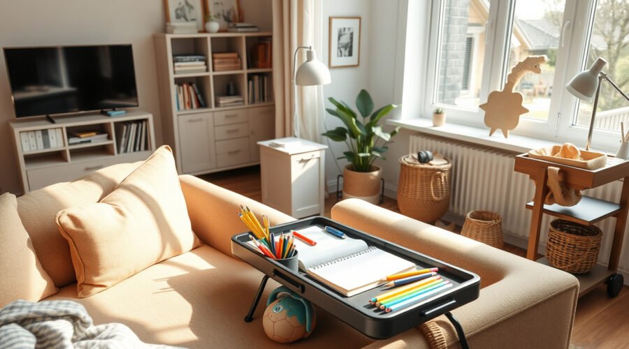 Cozy living room corner with lap desk, homework supplies, storage cart, and natural light