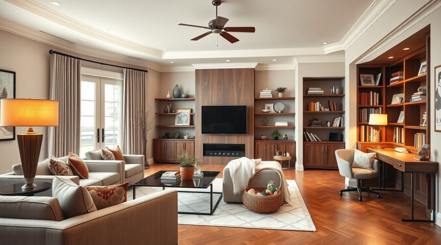 Three home spaces: formal living room, casual family room, and quiet den nook.