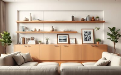 Modern living room with open shelves above closed cabinets for balanced storage and display