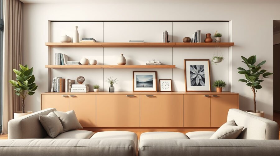 Modern living room with open shelves above closed cabinets for balanced storage and display