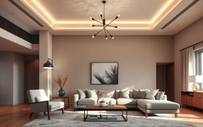 Living room showing pendant lights over a reading area and a chandelier above central seating