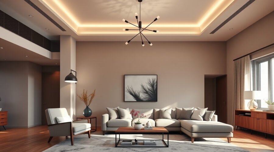 Living room showing pendant lights over a reading area and a chandelier above central seating