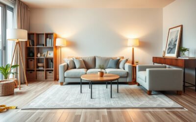 Renter-friendly living room with sofa, rug, lamps, storage baskets, and planning tools