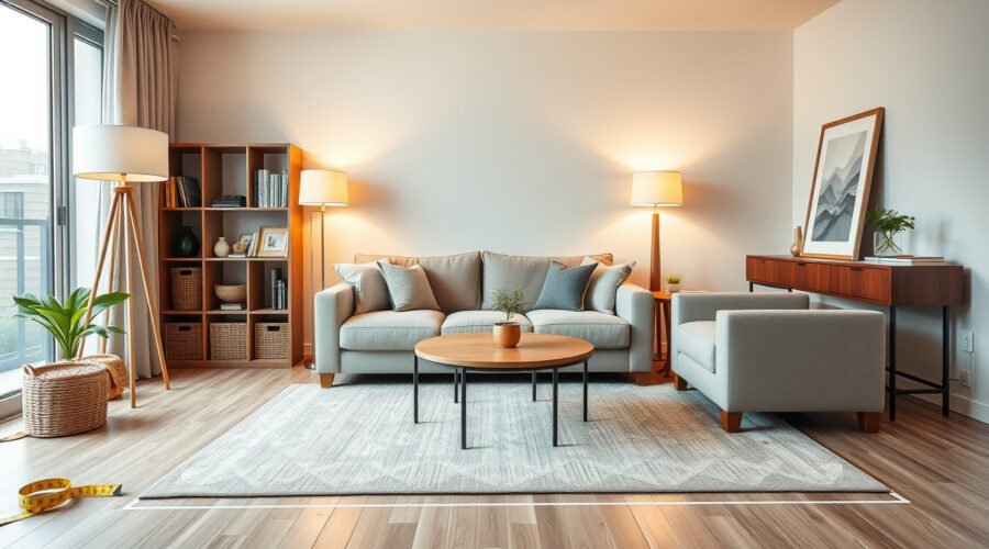Renter-friendly living room with sofa, rug, lamps, storage baskets, and planning tools
