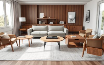 Round and rectangular coffee tables arranged in a bright modern living room