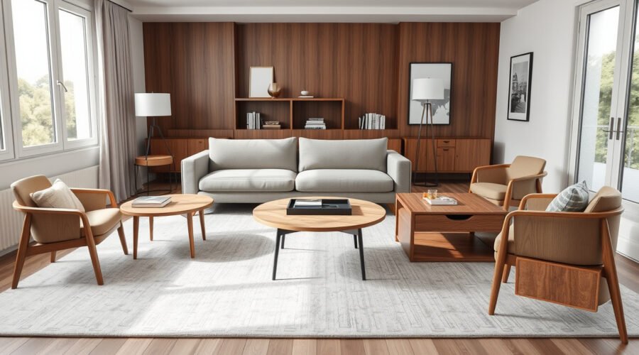 Round and rectangular coffee tables arranged in a bright modern living room