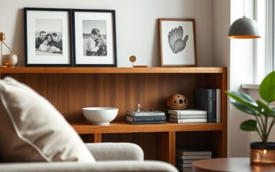 Cozy living room shelf displaying sentimental keepsakes, framed photos, shells, books, and a plant.