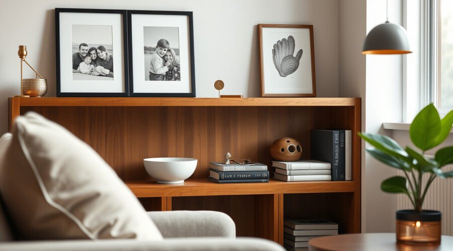 Cozy living room shelf displaying sentimental keepsakes, framed photos, shells, books, and a plant.