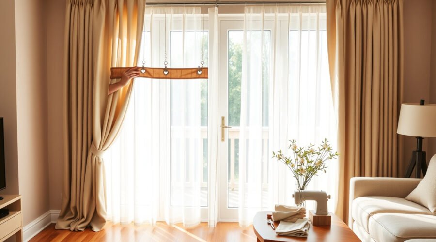 Living room curtains hanging too short while hands add clip rings as a length fix
