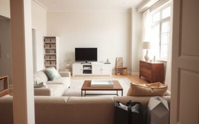 Living room being decluttered with cleared surfaces, closed storage, and a calm neutral layout