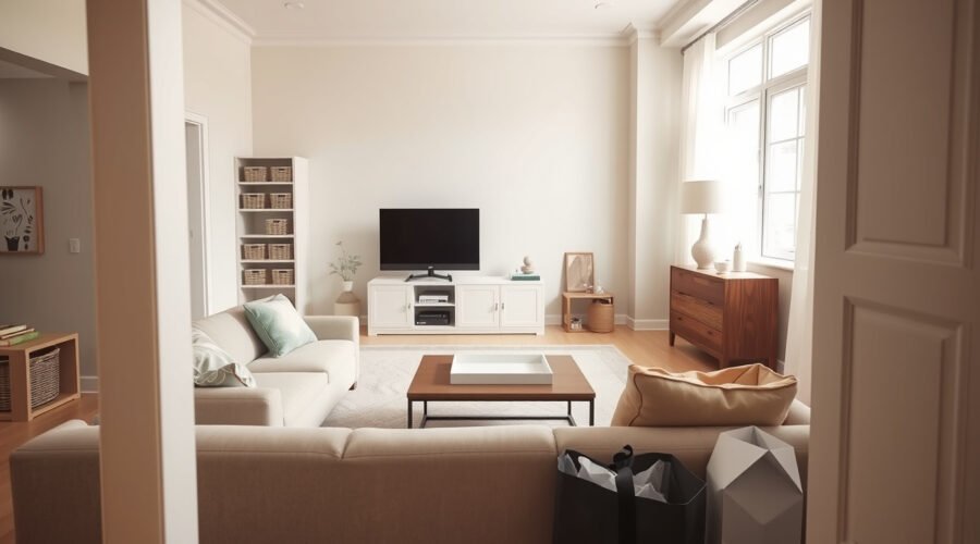 Living room being decluttered with cleared surfaces, closed storage, and a calm neutral layout