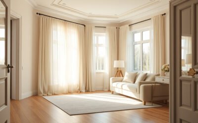 Bright living room with sheer curtains, clean windows, pale walls, mirror, and layered lamps